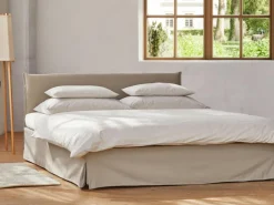 Grüne Erde Betten^Bett Jukai Pur, mit Betthaupt und Bettrahmenhousse, inkl. integriertem Lattenrost, 160 x 200 cm, Baumwollstoff Ondula Greige (139),