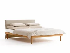 Grüne Erde Betten^Bett Jukai Pur, mit Betthaupt und Betthaupthousse, inkl. integriertem Lattenrost, 160 x 200 cm, Baumwollstoff Ondula Greige (139),