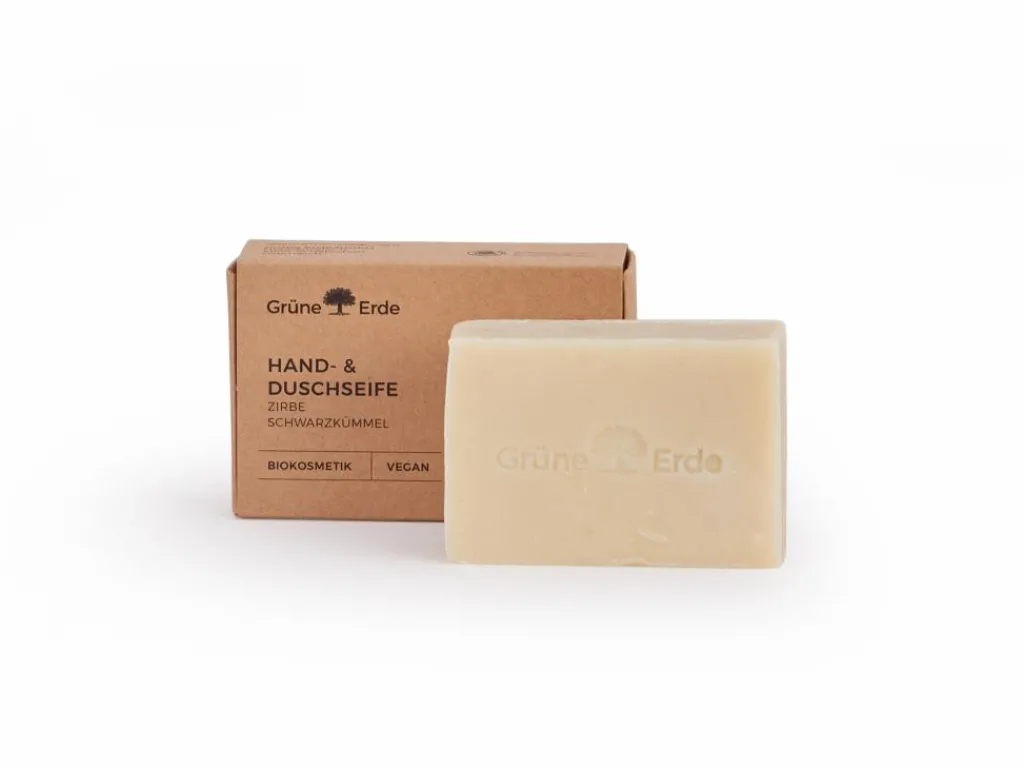 Grüne Erde Körperpflege|Feste Kosmetik & Alles Mit Kunststofffreier Verpackung^HAND- & DUSCHSEIFE Zirbe & Schwarzkümmel 100 g