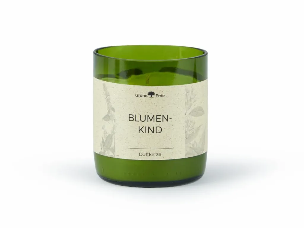 Grüne Erde Kerzen Und Duftkerzen^Natürliche Rapswachskerze BLUMENKIND im rezyklierten Glas, Baumwolldocht, 325 ml, H 9,5 cm, ø 8,5 cm