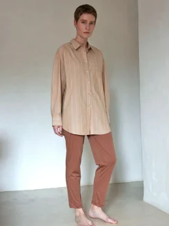 Grüne Erde Nachtwäsche^Pyjamahemd, 100 % Bio Baumwolle, 89 camel/blau gestreift, M, GOTS