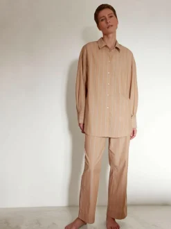 Grüne Erde Nachtwäsche^Pyjamahemd, 100 % Bio Baumwolle, 89 camel/blau gestreift, M, GOTS