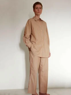 Grüne Erde Nachtwäsche^Pyjamahemd, 100 % Bio Baumwolle, 89 camel/blau gestreift, M, GOTS