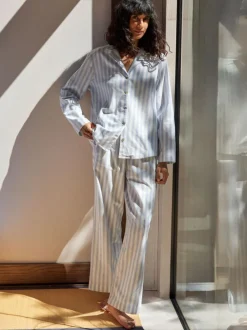 Grüne Erde Nachtwäsche^Pyjamahemd aus Bio-Baumwolle, 90 streif weiss/blau, M