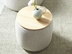 Grüne Erde Polstersessel & Hocker^Sofatisch/Hocker Tambor mit Stauraum u. Holzdeckel, H 34,3 cm, Ø 39 cm, Bezug Wollstoff Tano Natur Dunkel (81),