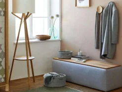 Grüne Erde Garderobe^Truhe Tambor rechteckig, B 143 cm x T 48 cm x H 41 cm, Bezug Wollstoff Tano Natur (79),