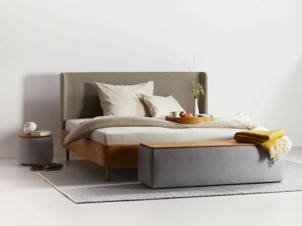 Grüne Erde Garderobe^Truhe Tambor rechteckig, B 143 cm x T 48 cm x H 41 cm, Bezug Wollstoff Tano Natur (79),